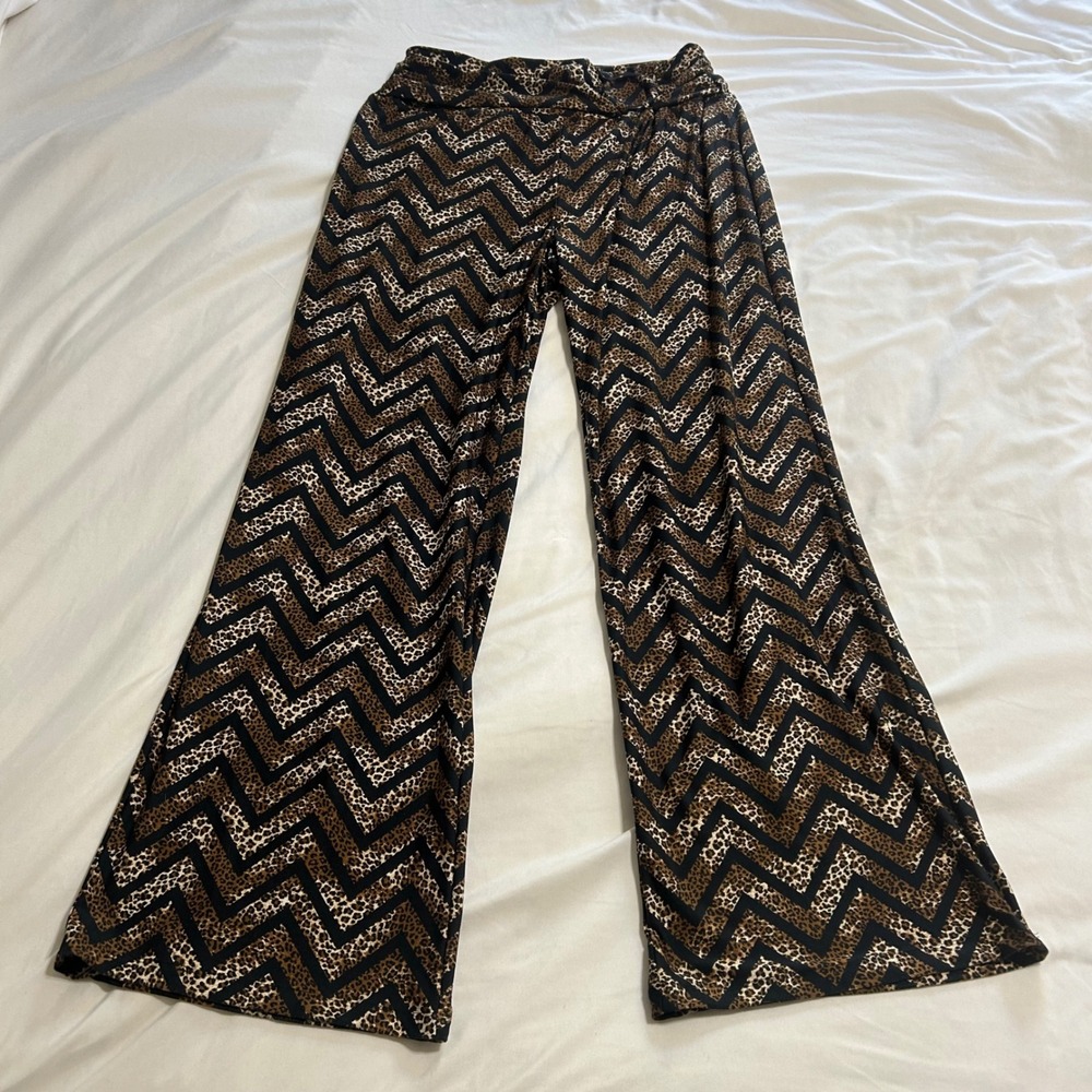 Robert Louis Leopard Chevron Wide Leg Pants Brown Black O-Ring Size M
